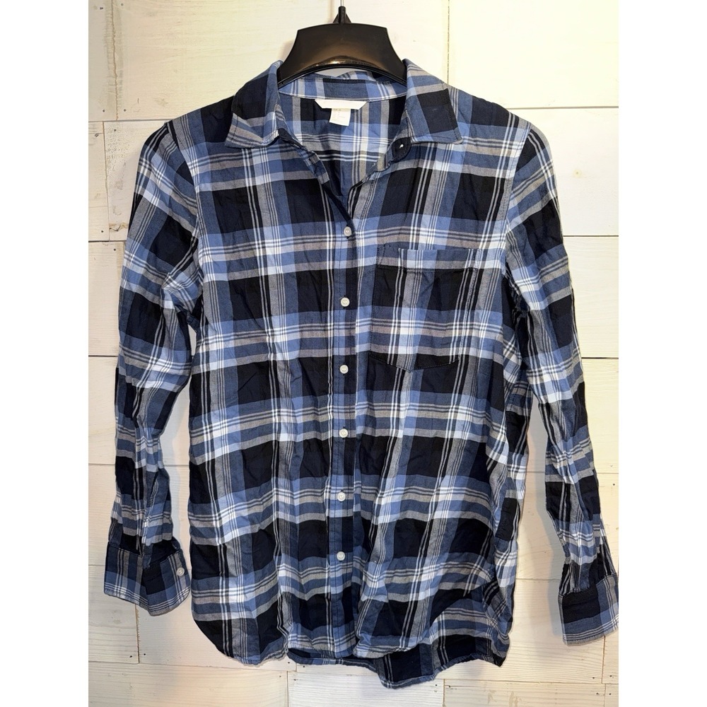 HM H&M Woman Size 8 Shirt Blue Navy Plaid Button Flannel Cotton Shirt Blouse